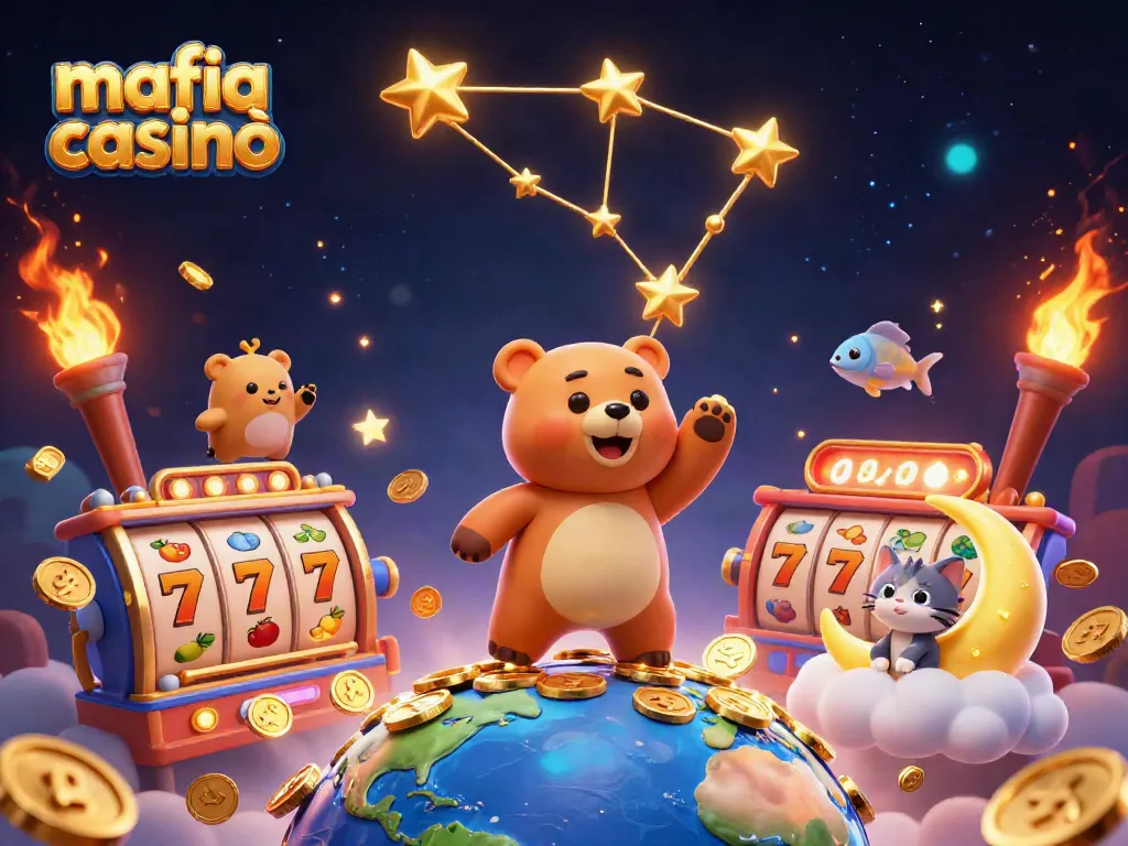 Mafia casinò themed dynamic illustration showcasing casino characters and slot elements in a vibrant scene.