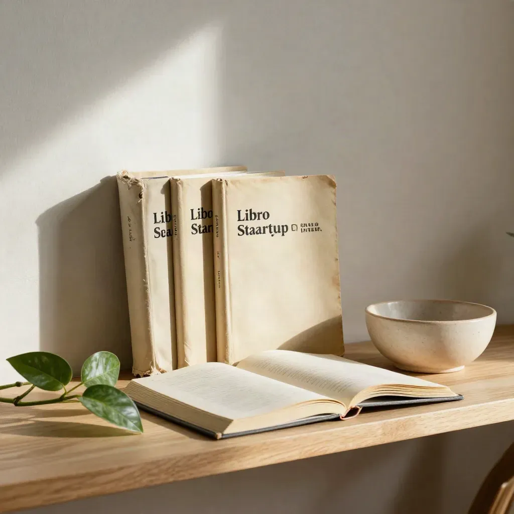 Mensola con manuali consumati, quaderno aperto, pothos e ciotola in ceramica alla luce del mattino.