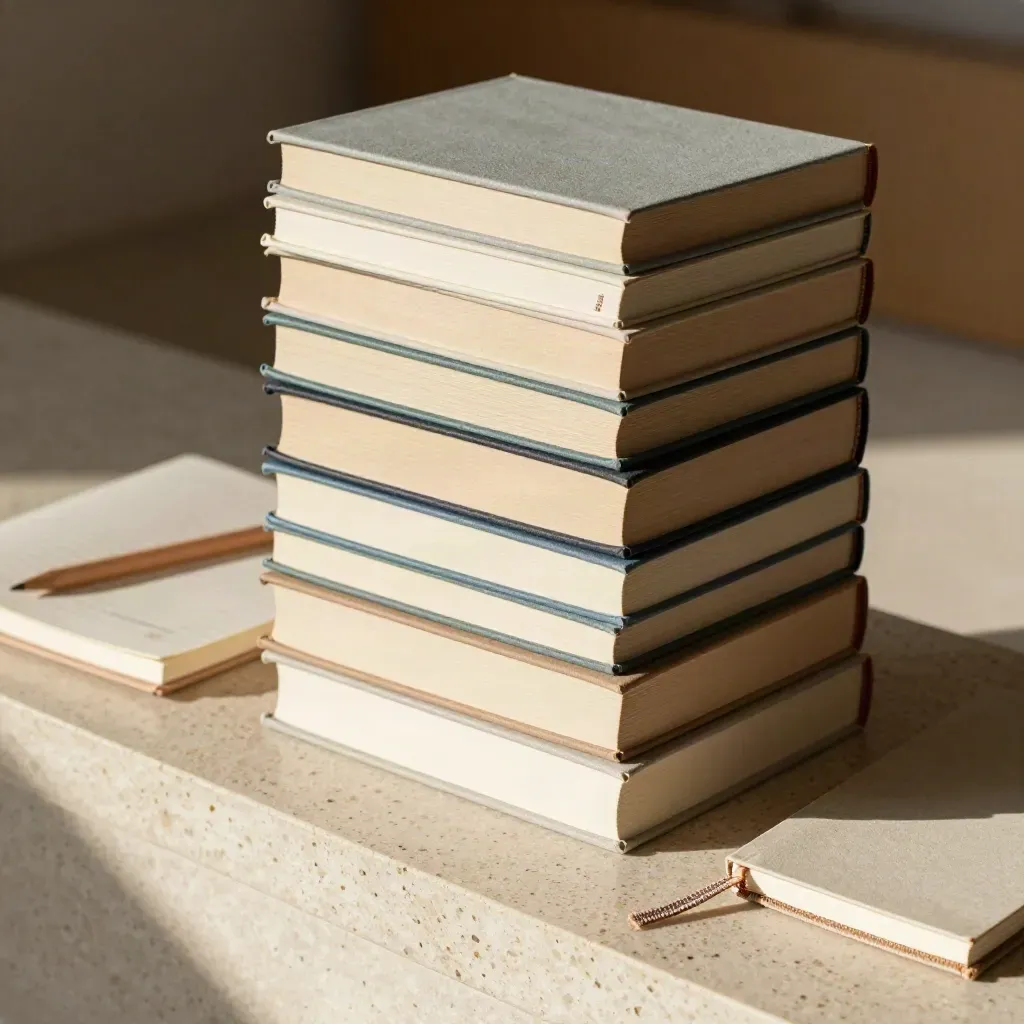Dodici libri startup in colonna con taccuino, matita e segnalibri su pietra chiara