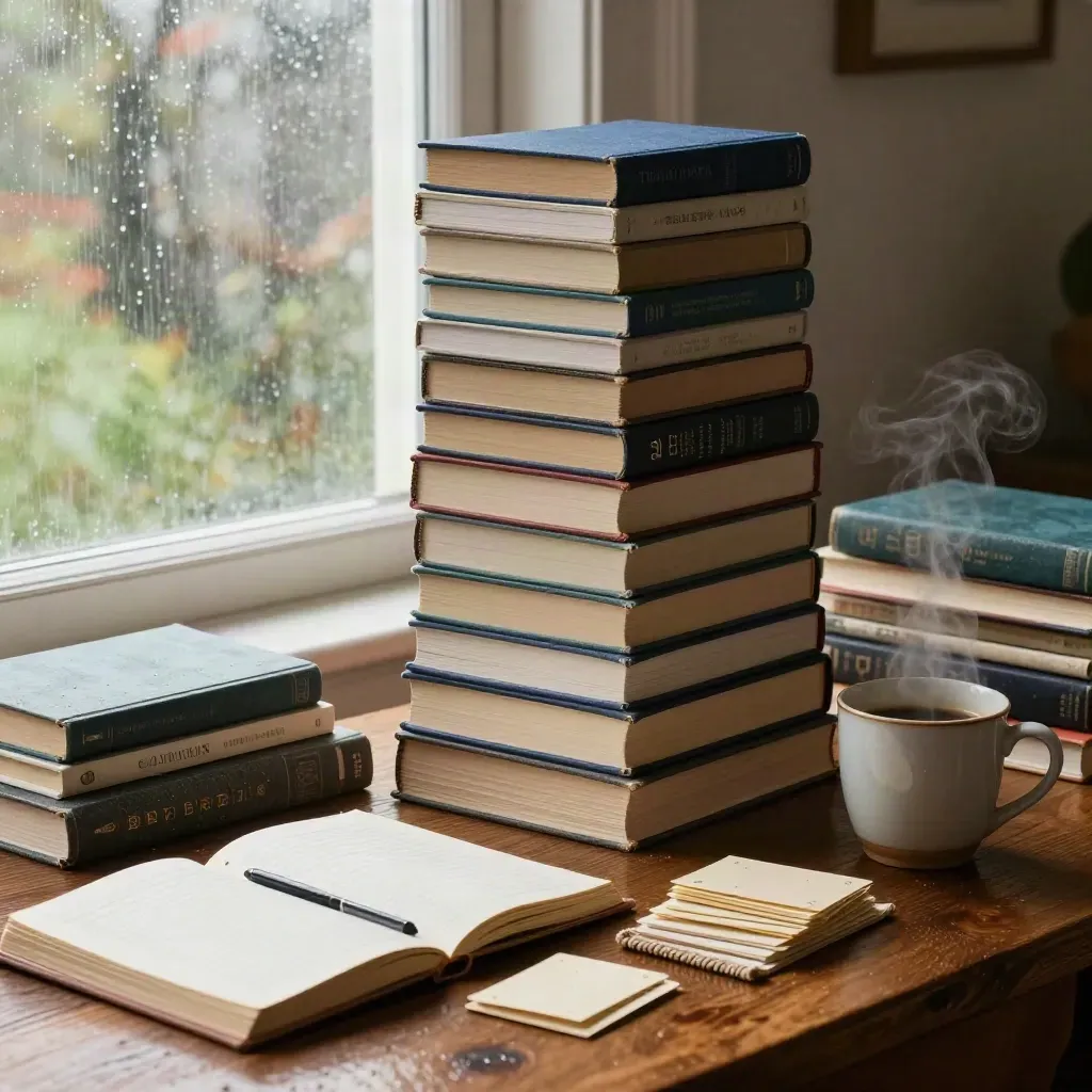 Torri di libri per startup, tazza di caffè fumante e luce morbida dopo la pioggia.