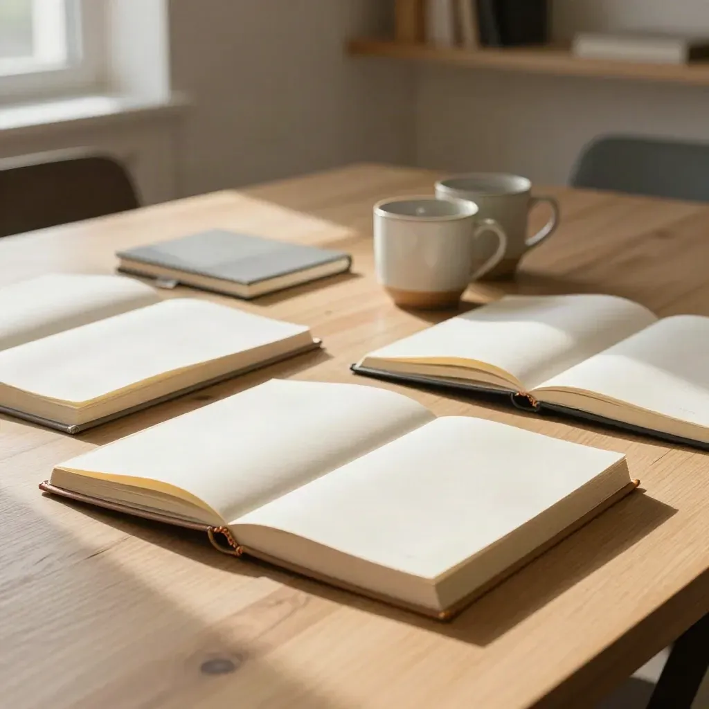 Tavolo riunioni con libri, cartelline crema, blocchi note e due tazze in luce calda.