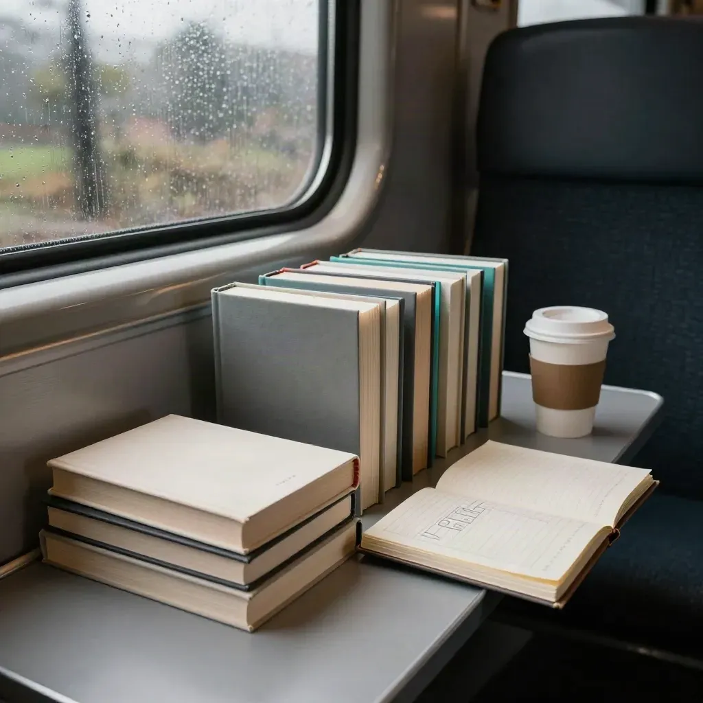 Libri startup, quaderno aperto e tazza di carta su un tavolino del treno sotto la pioggia.