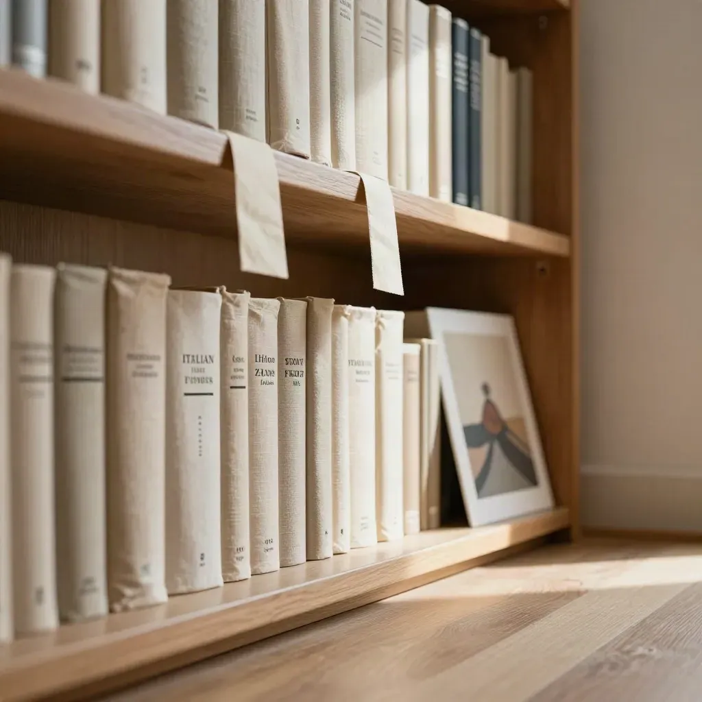 Scaffale domestico con libri su founder italiani, segnalibri in tessuto e piccola stampa astratta.