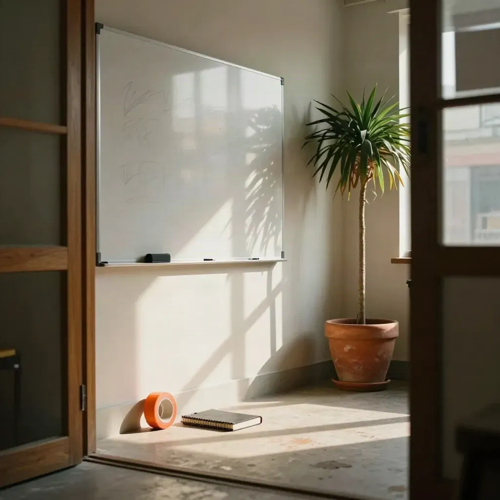 Angolo d’ufficio con lavagna cancellata, nastro arancio, quaderno chiuso e pianta alta, luce radente.