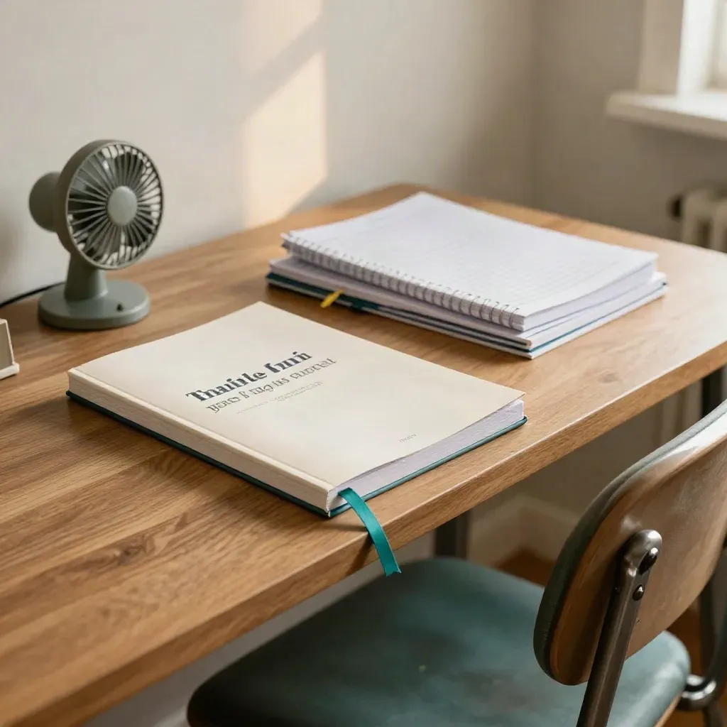 Tavolo da studio con libri sottili, segnalibri e sedia piegata, luce del tardo pomeriggio.