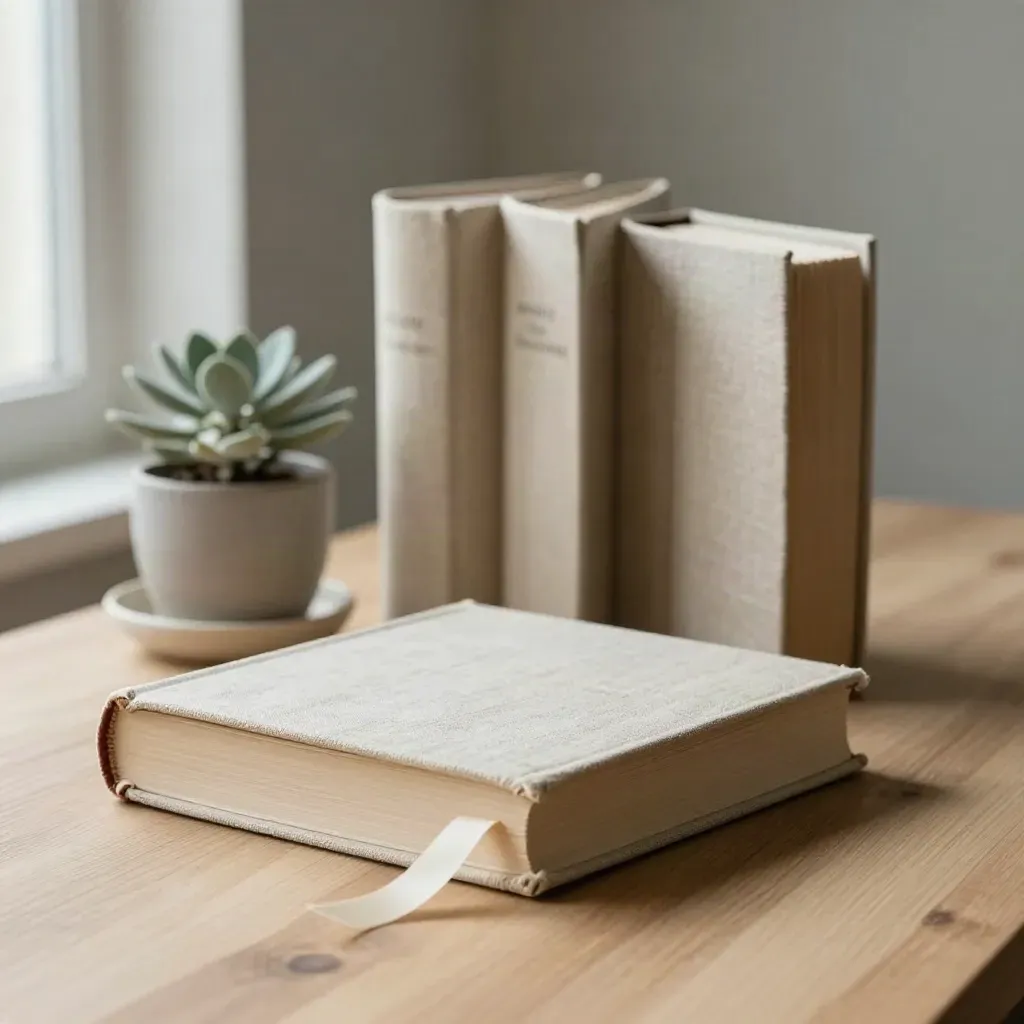 Tre libri con copertine in lino, segnalibro e piantina su legno chiaro